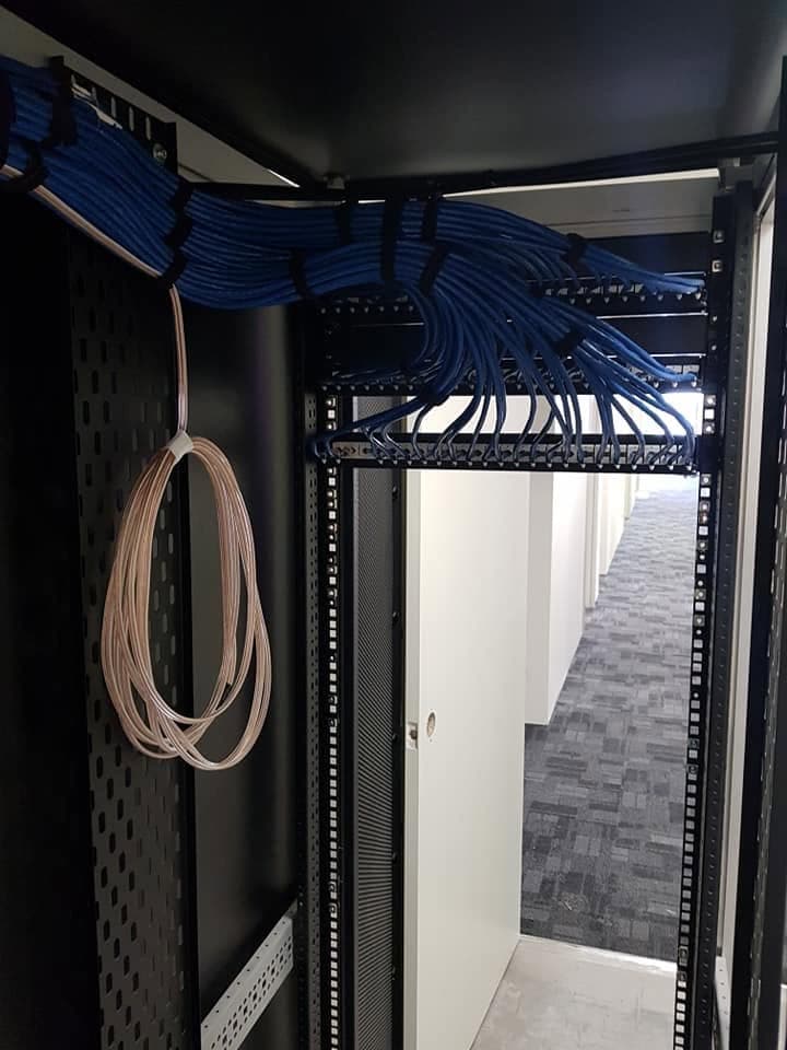 Neatly bundled blue data cabling terminating in a server rack