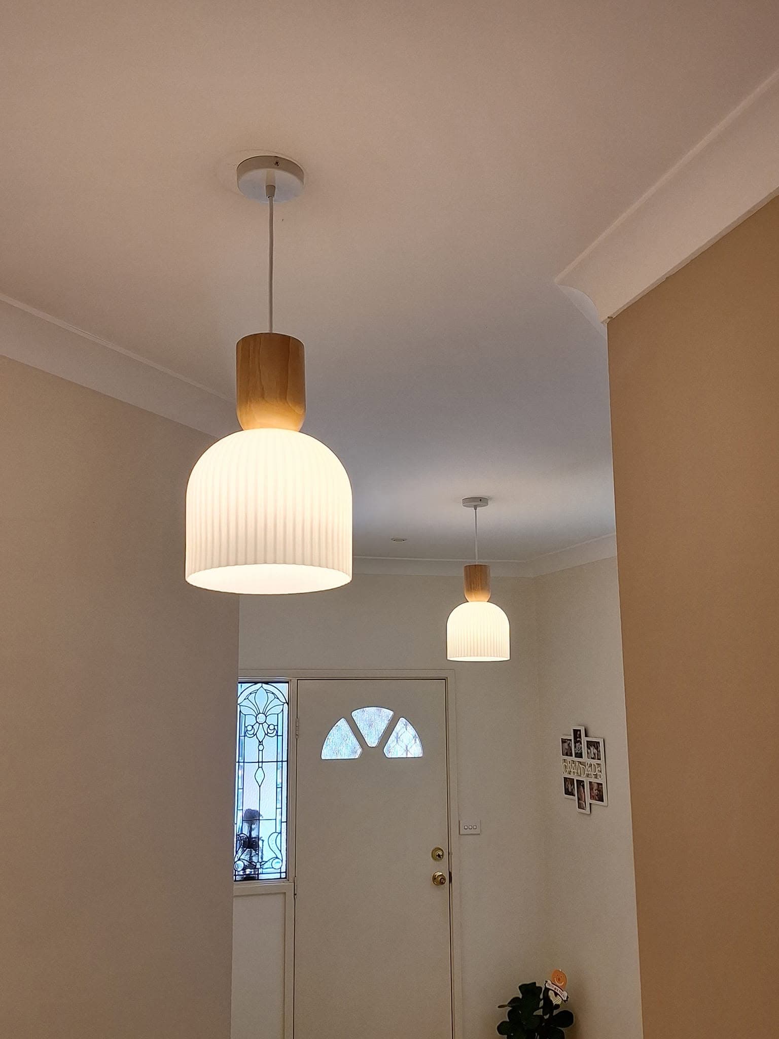 Feature pendant lights suspended above a kitchen bench