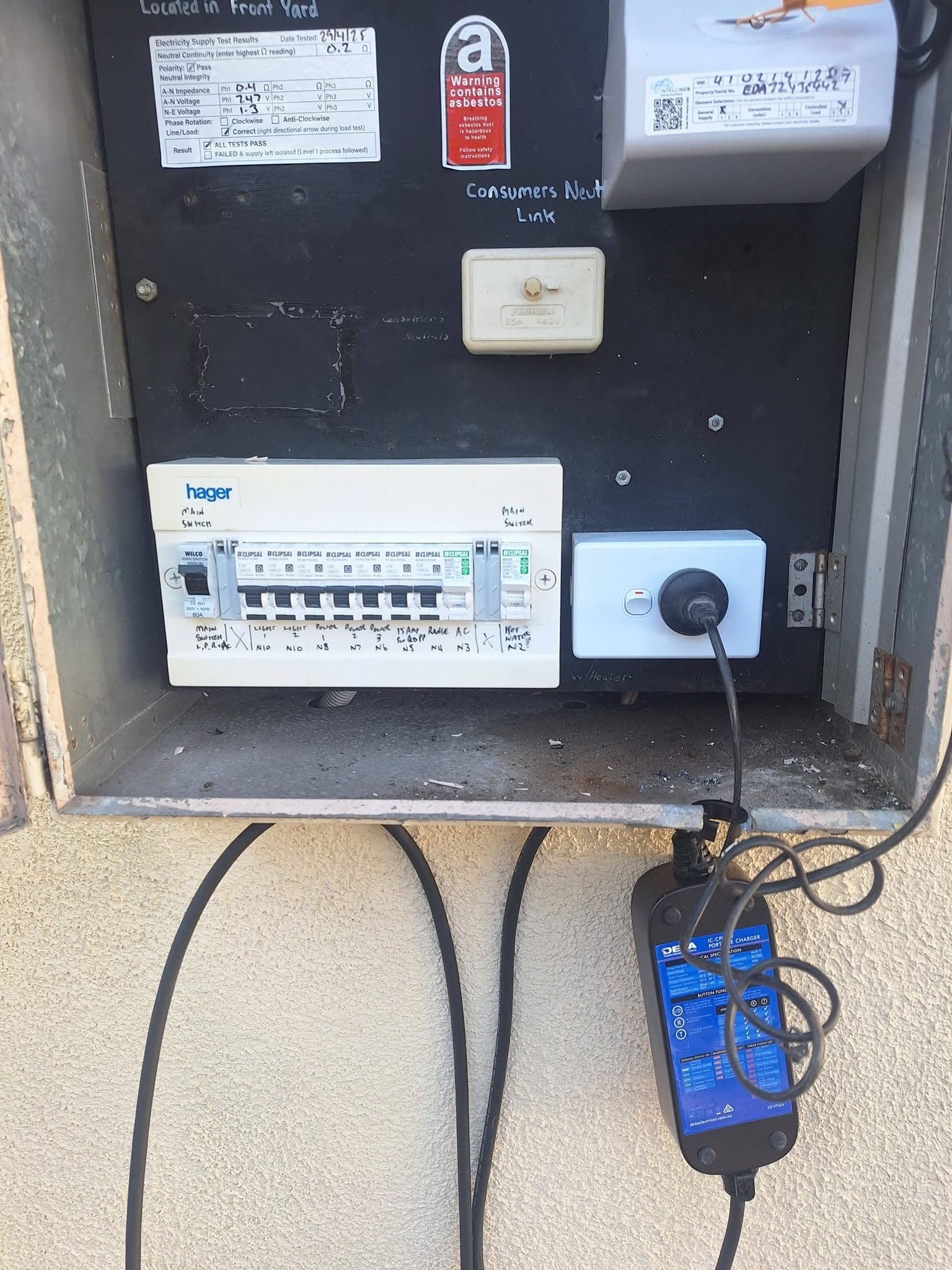 Outdoor meter box fitted with new Hager safety switches