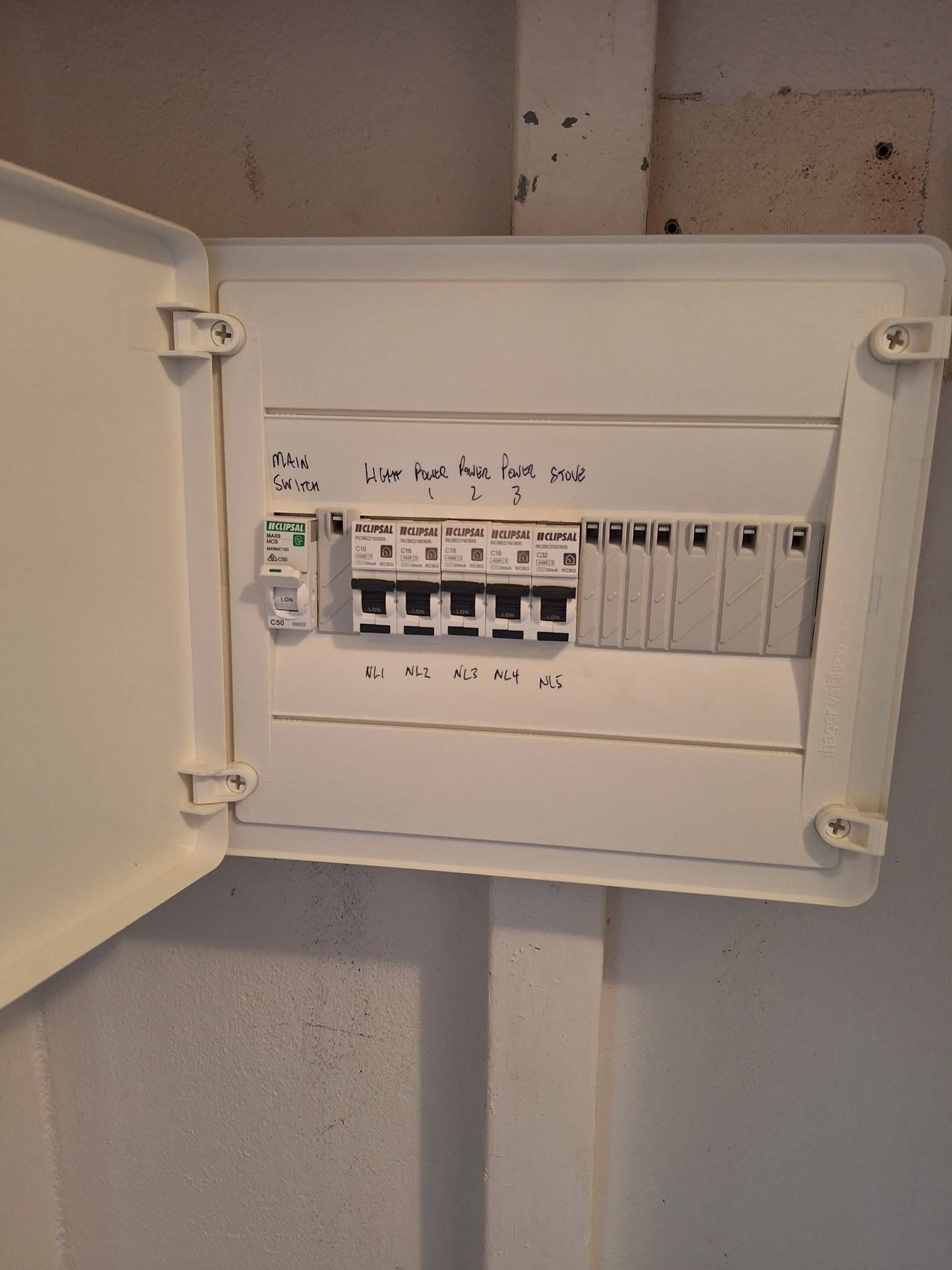 Upgraded switchboard fitted with new circuit breakers and safety switches
